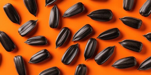 Poster - Sunflower seeds on an orange background. Close-up of tasty black sunflower seeds against an orange backdrop.