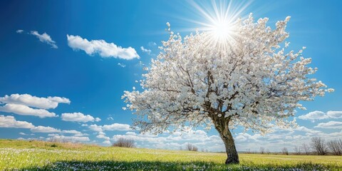 Poster - A Cherry Blossom tree bursting with white flowers on a sunny day.