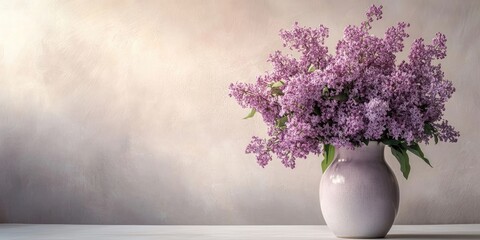 Aufkleber - A vase containing a purple bouquet of lilac flowers on a white table, copyspace.