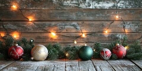 Aufkleber - Christmas backdrop featuring ornaments, twinkling lights, and a pine branch on a rustic wooden surface.