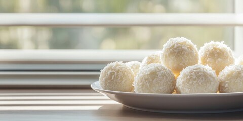 Poster - White chocolate coconut truffles on a plate with a window shade in the background. Copyspace.
