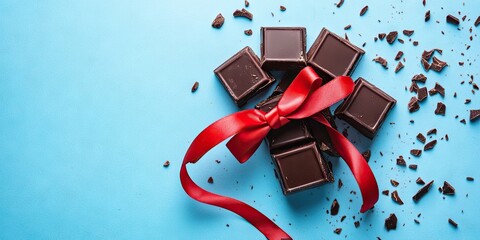 Poster - Chocolate pieces tied with a red ribbon against a blue background, copyspace. Idea of surprise, sweet gift, love, and romance.