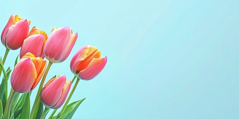 Sticker - Pink and orange tulips on a light blue backdrop. Mother's Day, Valentine's Day, birthday celebration theme. Banner, copyspace for text.