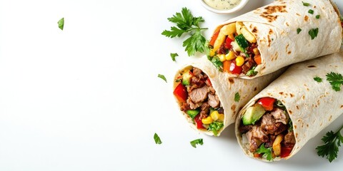 Poster - Classic Mexican burritos filled with meat, vegetable salad, and French fries. White background. Top view. Copy space.