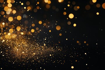 Abstract background with bokeh lights, gold sparkle on black.