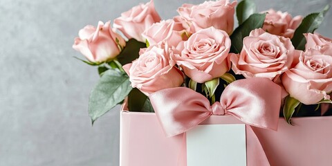 Poster - A bundle of delicate pink roses in a pink gift box adorned with a satin bow and a blank label, set against a light grey background.