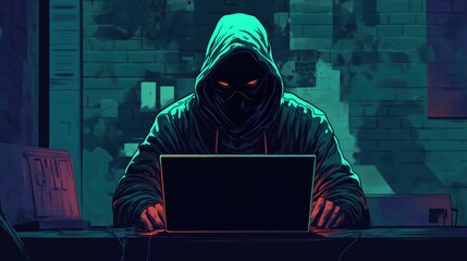 Aufkleber - Hacker in hoodie working on laptop, dark atmosphere, neon colors