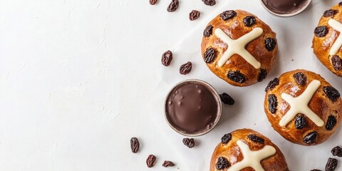 Poster - Homemade chocolate and traditional hot cross buns with raisins on a white stone backdrop. Copy space.