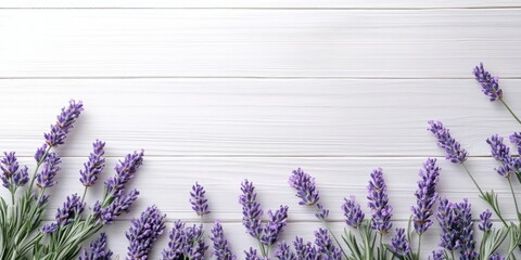 Poster - lavender flowers on a white wooden table background, top view