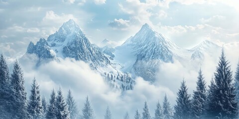 Poster - picturesque view of snowy mountains with pine trees amidst white fluffy clouds