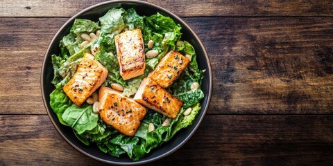 Poster - Caesar salad topped with salmon. Viewed from above. Set against a wooden background. Copy space.