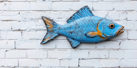 Poster - Summer sea or ocean vacation theme. Decorative blue fish near a white brick wall. Selective focus. Space for text. Long banner layout.