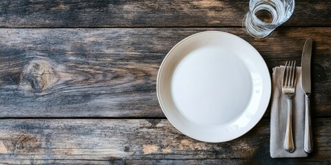 Aufkleber - An empty white plate with cutlery and a glass on a rustic wooden background. Flat lay, top view with copyspace.