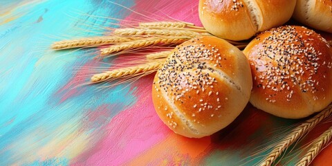 Poster - Fresh buns with wheat stalks on a colorful background