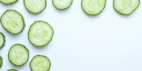 Poster - Slices of fresh, juicy, ripe cucumber on a clean light white background. Minimalist concept, copyspace. The concept of healthy eating.