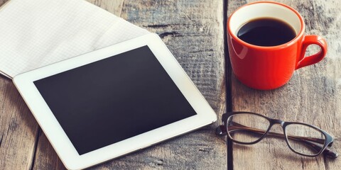 Leinwandbilder - education, business, and technology concept - close-up of a tablet PC, coffee cup, eyeglasses, and notepad on a wooden table