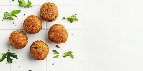 Poster - Tasty falafel balls presented on a white tiled table, flat lay. Room for text.
