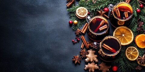 Aufkleber - Christmas cocktail mulled wine, spiced grog wine for New Year's drink, ginger, cinnamon, vanilla, and gingerbread sweet dessert, copy space food background rustic. Top view.