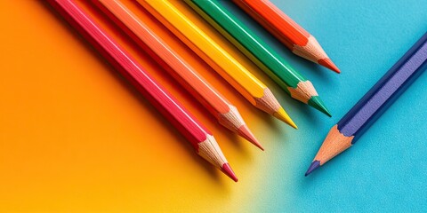 Poster - Brightly colored rainbow pencils on a vibrant background. Concept of art education.