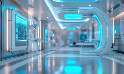 Poster - A futuristic, high-tech medical hallway featuring illuminated equipment and screens, embodying advanced healthcare technology and design.