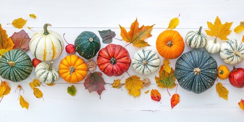 Poster - Freshly colored pumpkins and vibrant autumn leaves. Seasonal vegetables. Flat lay on a white wooden background. Top view. Copyspace for your text.