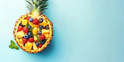 Poster - Tropical fruit salad served in a halved pineapple on a light blue background, horizontal layout, Copy space.