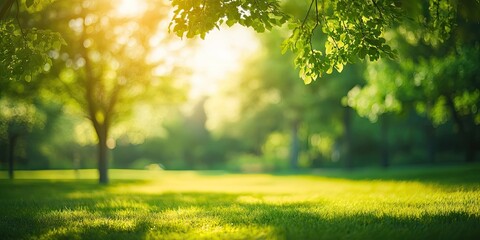 Poster - Abstract bio green blur nature background featuring trees and lush foliage in a park during the morning with sunlight.