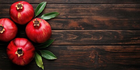 Aufkleber - Ripe pomegranate fruit next to a leaf on a dark wooden background with a top view and copy space.