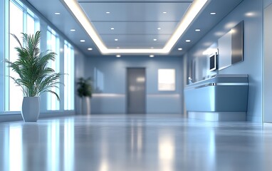 Aufkleber - A modern hallway featuring sleek design, large windows, polished floors, and minimalist decor highlighted by potted plants.