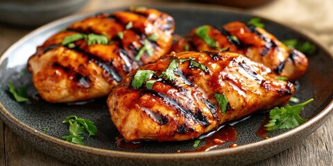 Poster - Grilled chicken on a plate drizzled with spicy sauce.