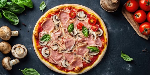 Poster - Delicious mushrooms and ham pizza alongside cooking ingredients like tomatoes and basil on a dark background. Top view