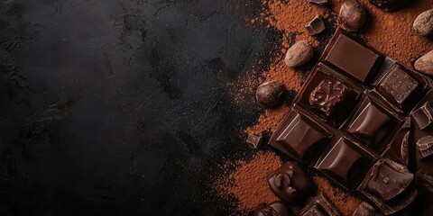 Poster - Chocolate assortment and cocoa on a dark backdrop copyspace.