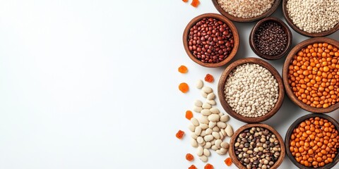 Poster - A selection of dried foods set against a white background. Top view of legumes with copyspace for text. High-protein foods. Flat lay.