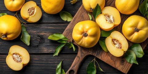 Canvas Print - Fresh gold quince fruits arranged on a cutting board. Dark wooden backdrop. Top view.