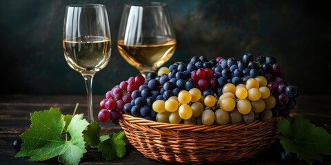 Poster - Wicker basket filled with different grapes: red, white, and black berries on a dark wooden table, with a glass of white wine in the background. Selective focus. Copy space.