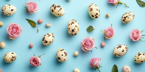 Aufkleber - Easter quail eggs with roses on a blue background, top view.