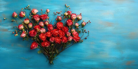 Poster - Composition of flowers in the shape of a red heart, featuring eustoma flowers on a blue background. Flat lay, top view. Copy space. Valentine's Day, wedding arrangement.