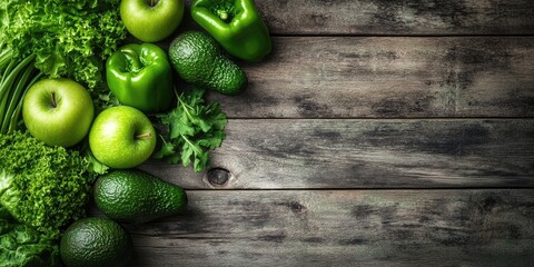 Poster - Close-up of green vegetables and fruits - apples, avocado, lettuce, bell pepper, set against a rustic wooden background. Healthy food concept.