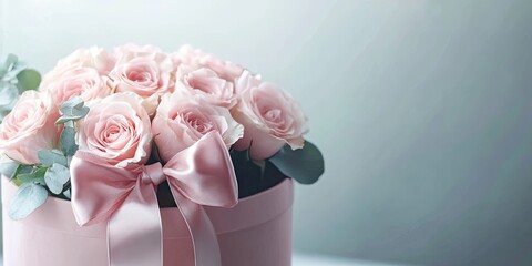 Poster - A bundle of delicate pink roses in a pink gift box adorned with a satin bow and a blank label, set against a light grey background.