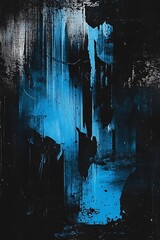 Aufkleber - An abstract painting featuring deep blue tones and black backgrounds, creating a textured interplay of colors with streaks and drips.