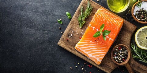 Poster - Raw salmon piece, seafood dish, fresh ingredients on the table, delicious serving size portion, top view, copy space for text, food background, rustic, suitable for keto or paleo diet, pescetarian.