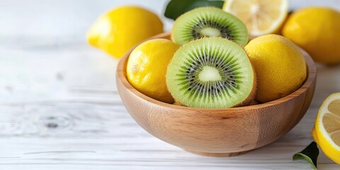Poster - kiwi in a wooden bowl with lemons on a white wooden background. copy space.