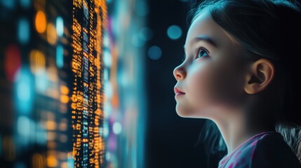 Poster - Young child in front of glowing digital code, technology inspiration