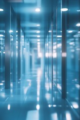Poster - A futuristic hallway illuminated with soft blue lighting and glass walls, creating a sleek and modern atmosphere.