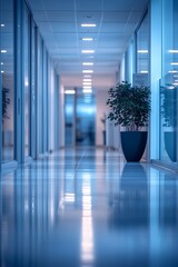 Poster - A serene office corridor featuring glass walls, bright lights, and a decorative plant in a pot, creating a modern and inviting atmosphere.