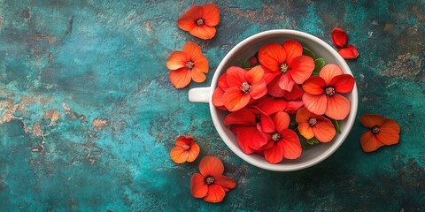 Aufkleber - Begonia flowers rest in a cup on a textured background. Flat lay.