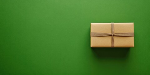 Poster - Gift Kraft Brown Color Box rests on a Green Background, seen from above. Suitable for decorating Postcards, New Year, and Christmas. Horizontal layout. Space for Text. Top view.