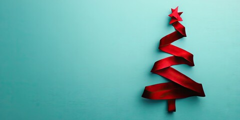 Poster - Christmas tree created from dark red velvet ribbon on a colored background. Vertical flatlay.