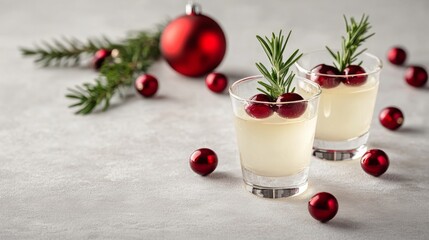 Two glasses of white Christmas cocktails garnished with cranberries and rosemary sprigs on a light grey background with red Christmas baubles and pine sprigs.