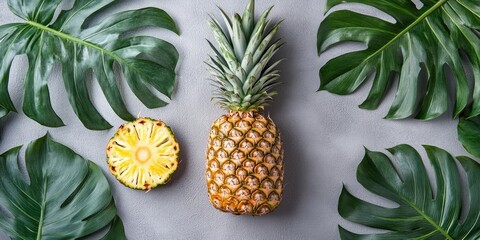 Poster - Top view of a fresh pineapple accompanied by tropical monstera leaves on a gray background.